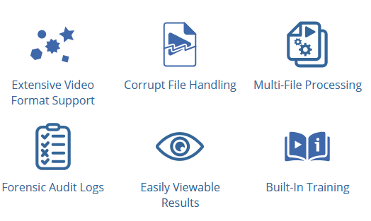 S﻿21 Corrupt Handler: extensive video format support, corrupt file handling, multi-file processing, forensic audit logs, easily viewable results, built-in training